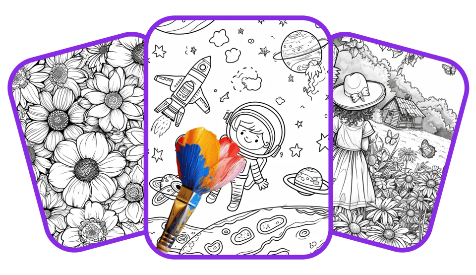 Colorful illustration showcasing various coloring page designs