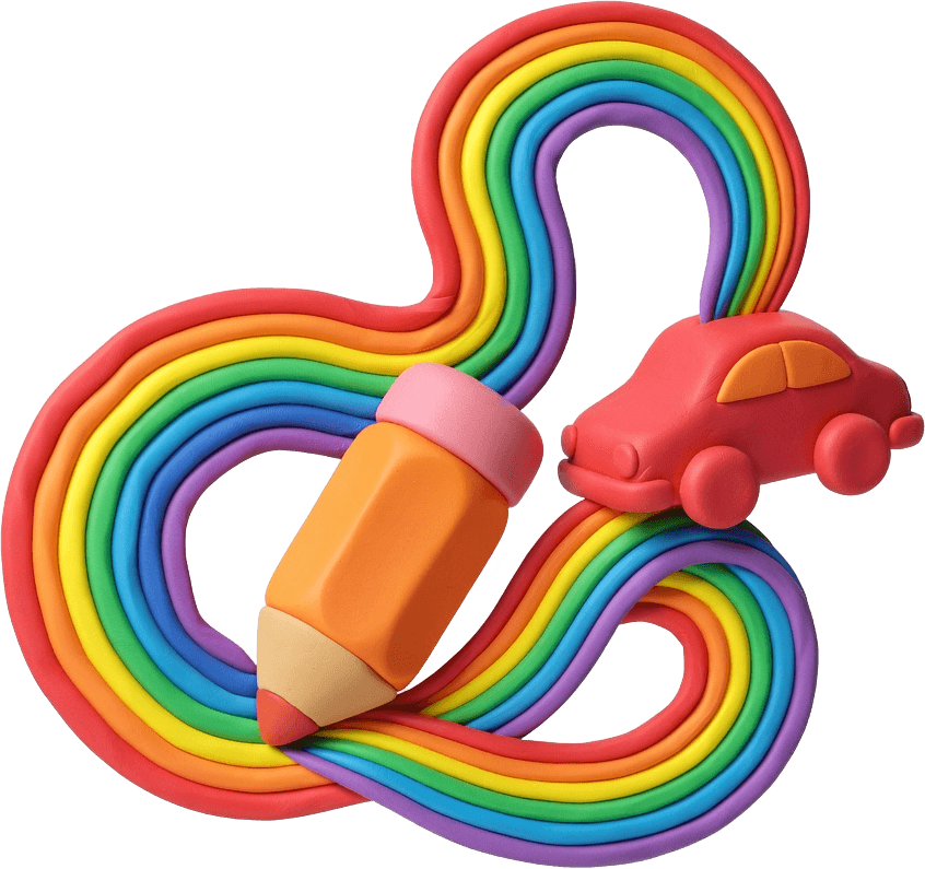 Clay pencil drawing a rainbow trail into a small clay car