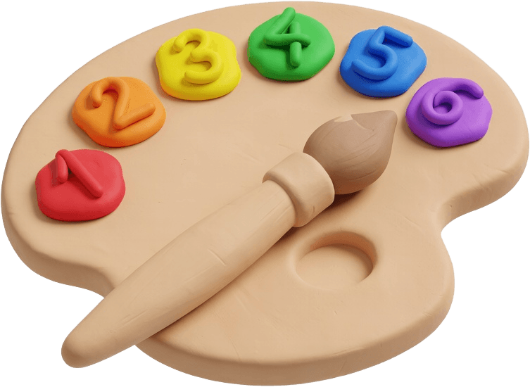 Clay paint palette with numbered paint blobs and a brush
