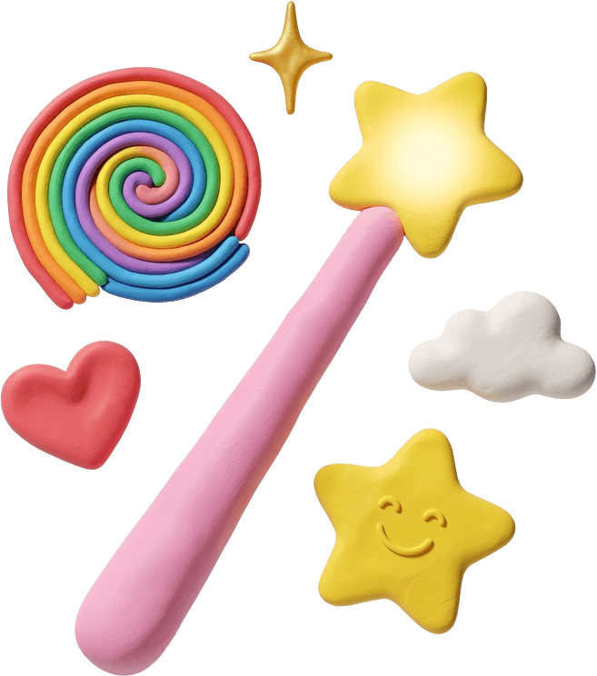 Clay magic wand surrounded by rainbow sparkles, hearts and stars