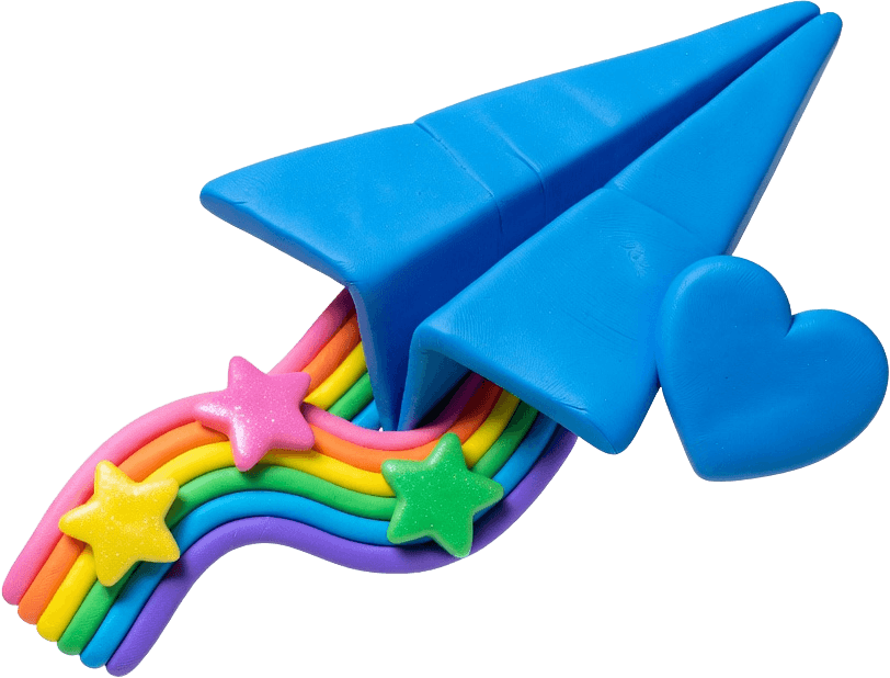 Clay paper airplane with rainbow trail and stars