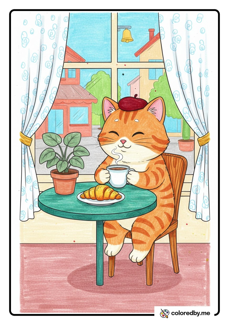 Cat Sipping Coffee at a Cozy Cafe — Gel Pens coloring page