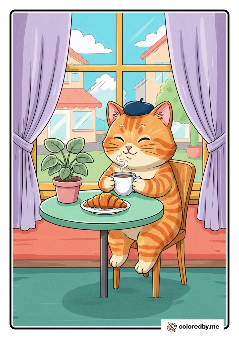 Cat Sipping Coffee at a Cozy Cafe — Markers coloring page