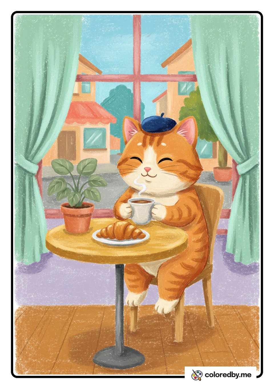 Cat Sipping Coffee at a Cozy Cafe — Oil Pastels coloring page