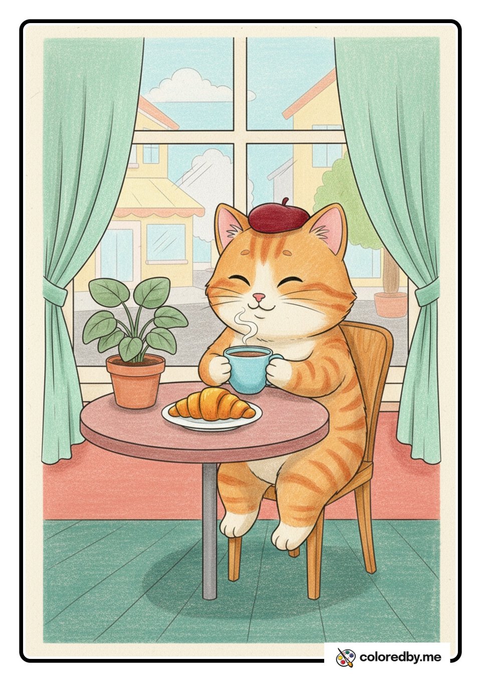 Cat Sipping Coffee at a Cozy Cafe — Colored Pencils coloring page
