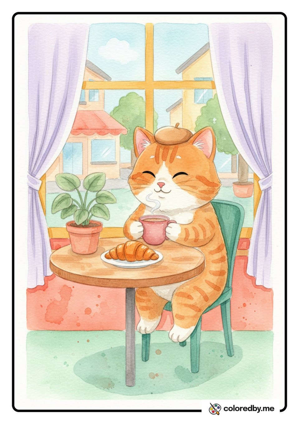 Cat Sipping Coffee at a Cozy Cafe — Watercolors coloring page