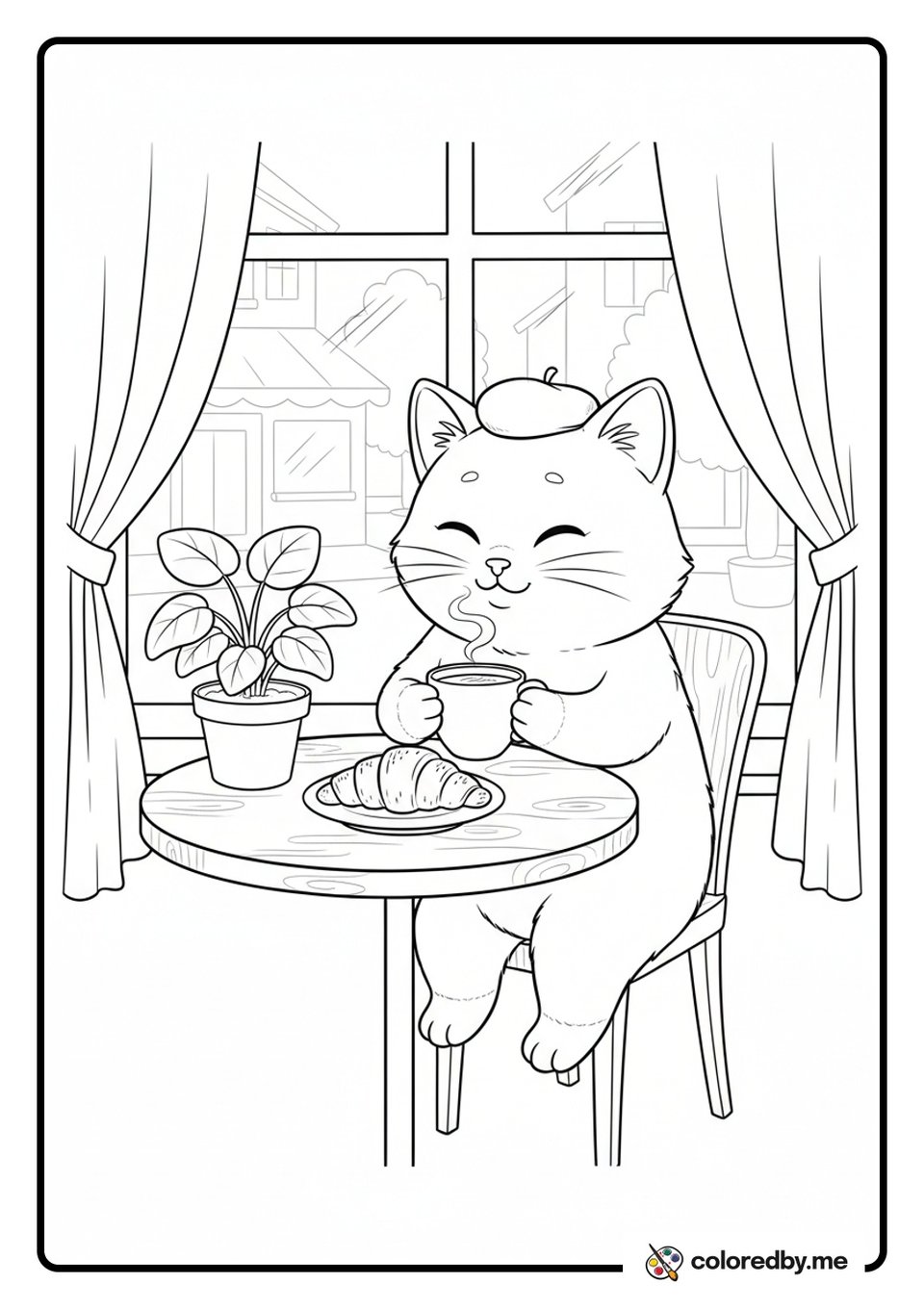 Cat Sipping Coffee at a Cozy Cafe coloring page