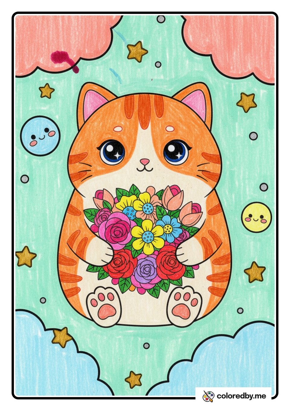 Sweet Cat Holding a Flower Bouquet — Gel Pens coloring page