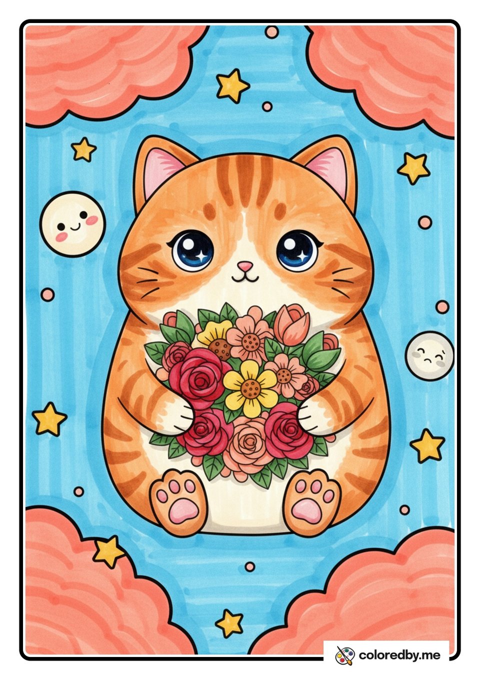 Sweet Cat Holding a Flower Bouquet — Markers coloring page