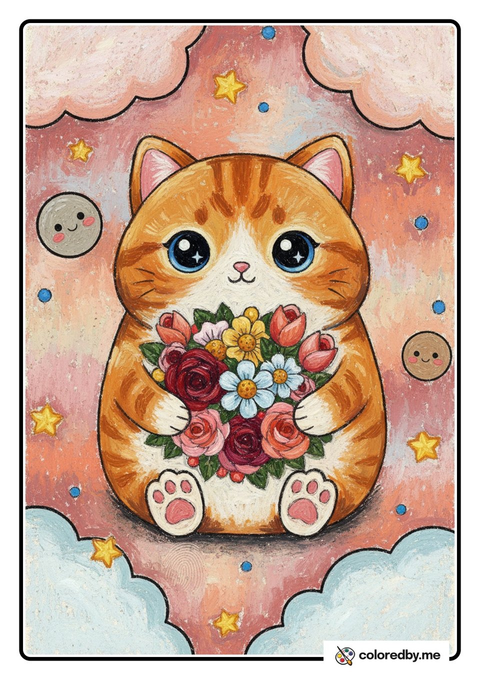 Sweet Cat Holding a Flower Bouquet — Oil Pastels coloring page