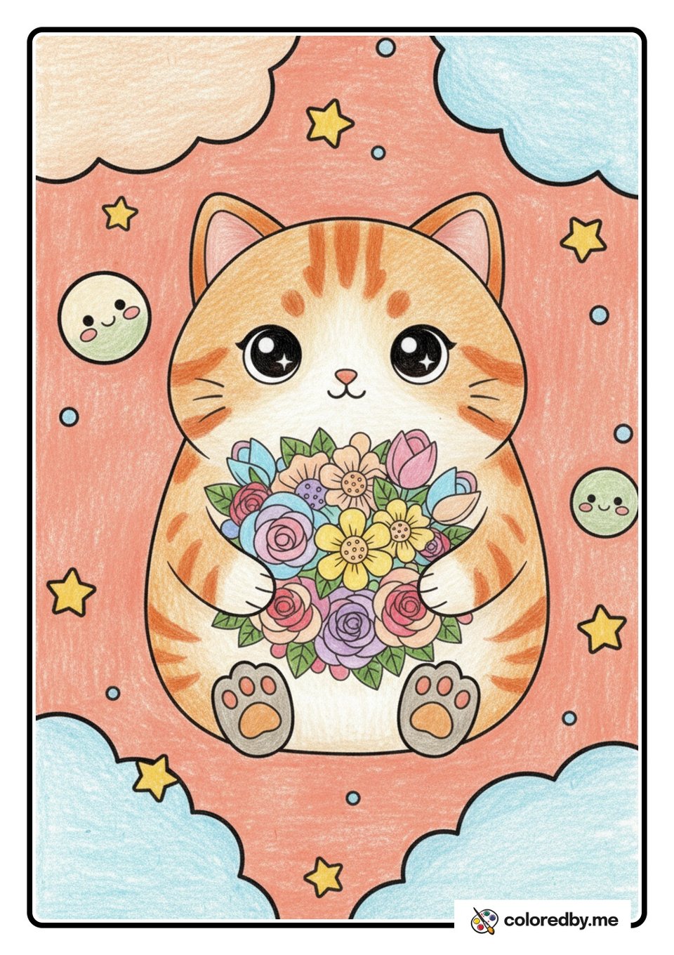 Sweet Cat Holding a Flower Bouquet — Colored Pencils coloring page