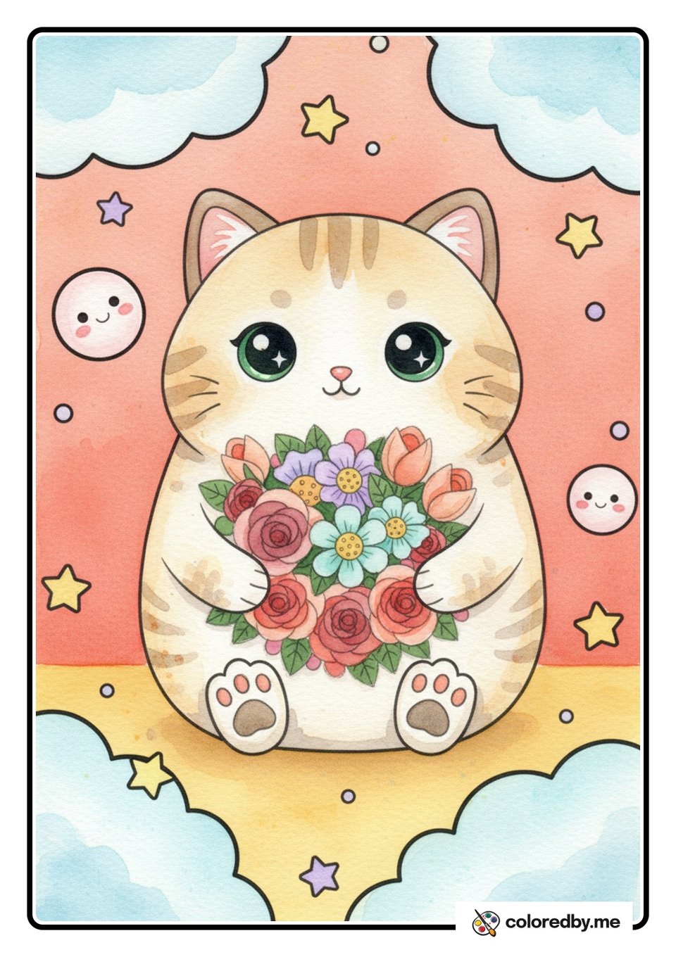 Sweet Cat Holding a Flower Bouquet — Watercolors coloring page