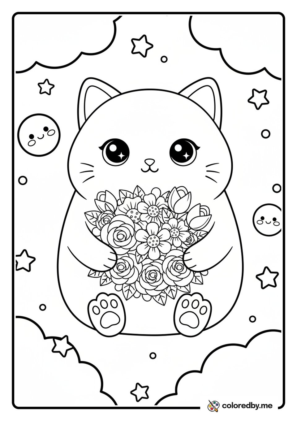 Sweet Cat Holding a Flower Bouquet coloring page