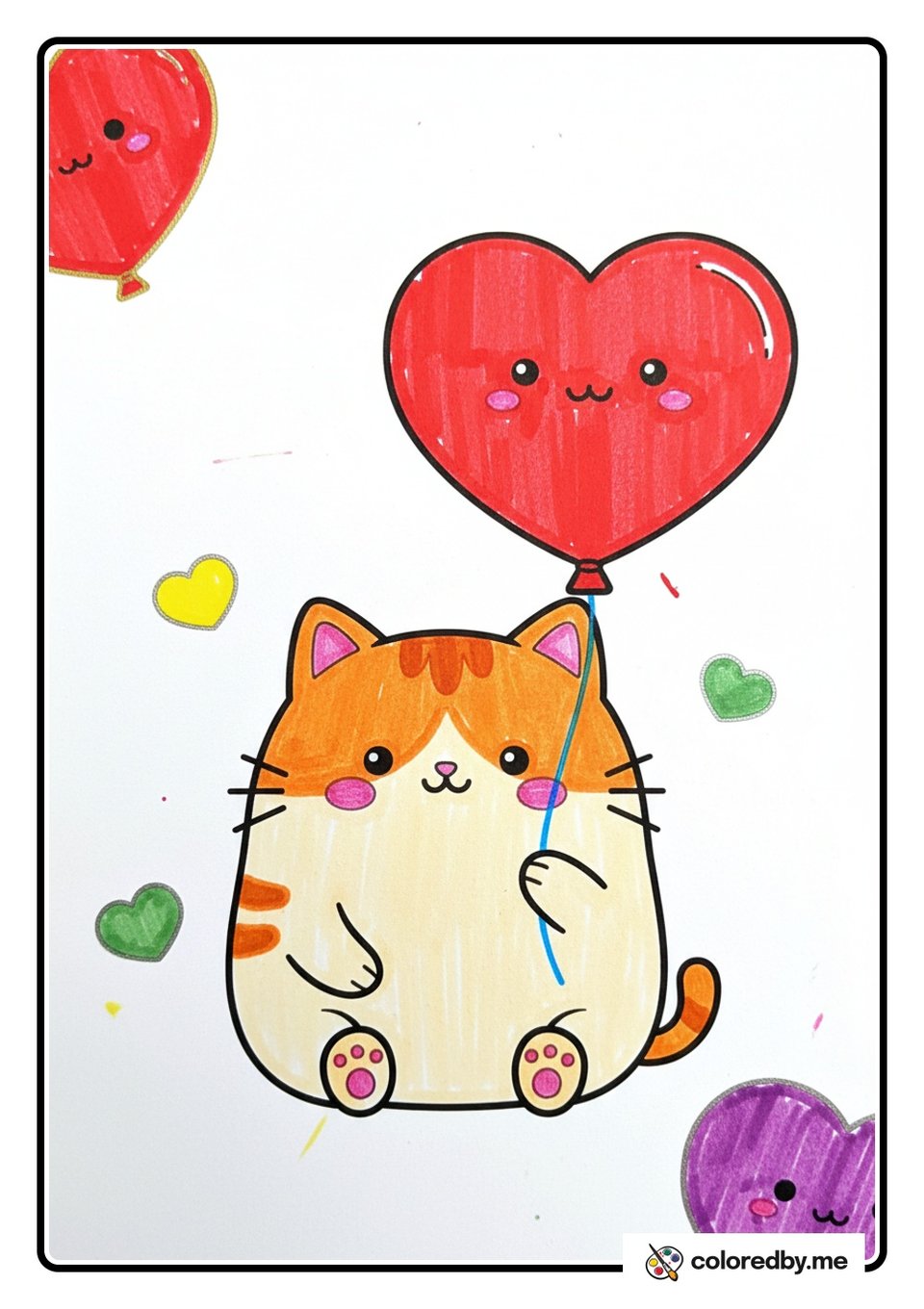 Cat Holding a Heart Balloon — Gel Pens coloring page