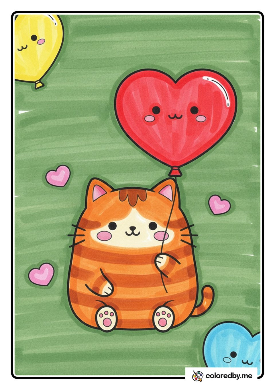 Cat Holding a Heart Balloon — Markers coloring page