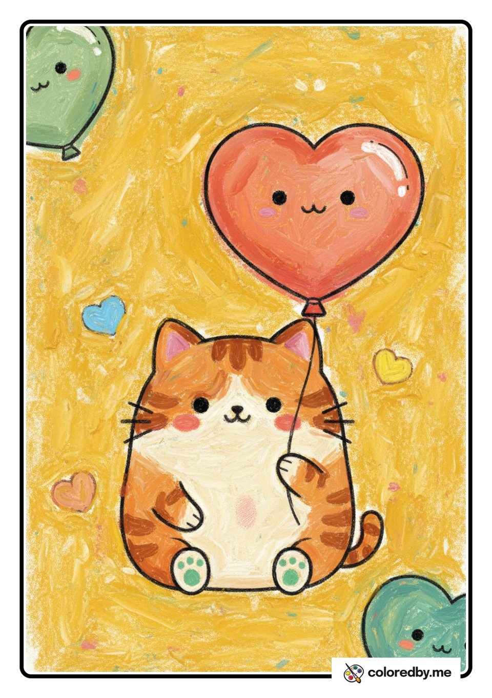 Cat Holding a Heart Balloon — Oil Pastels coloring page