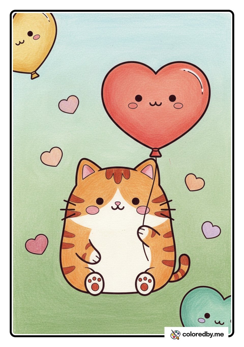 Cat Holding a Heart Balloon — Colored Pencils coloring page