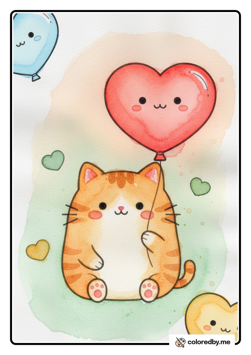 Cat Holding a Heart Balloon — Watercolors coloring page