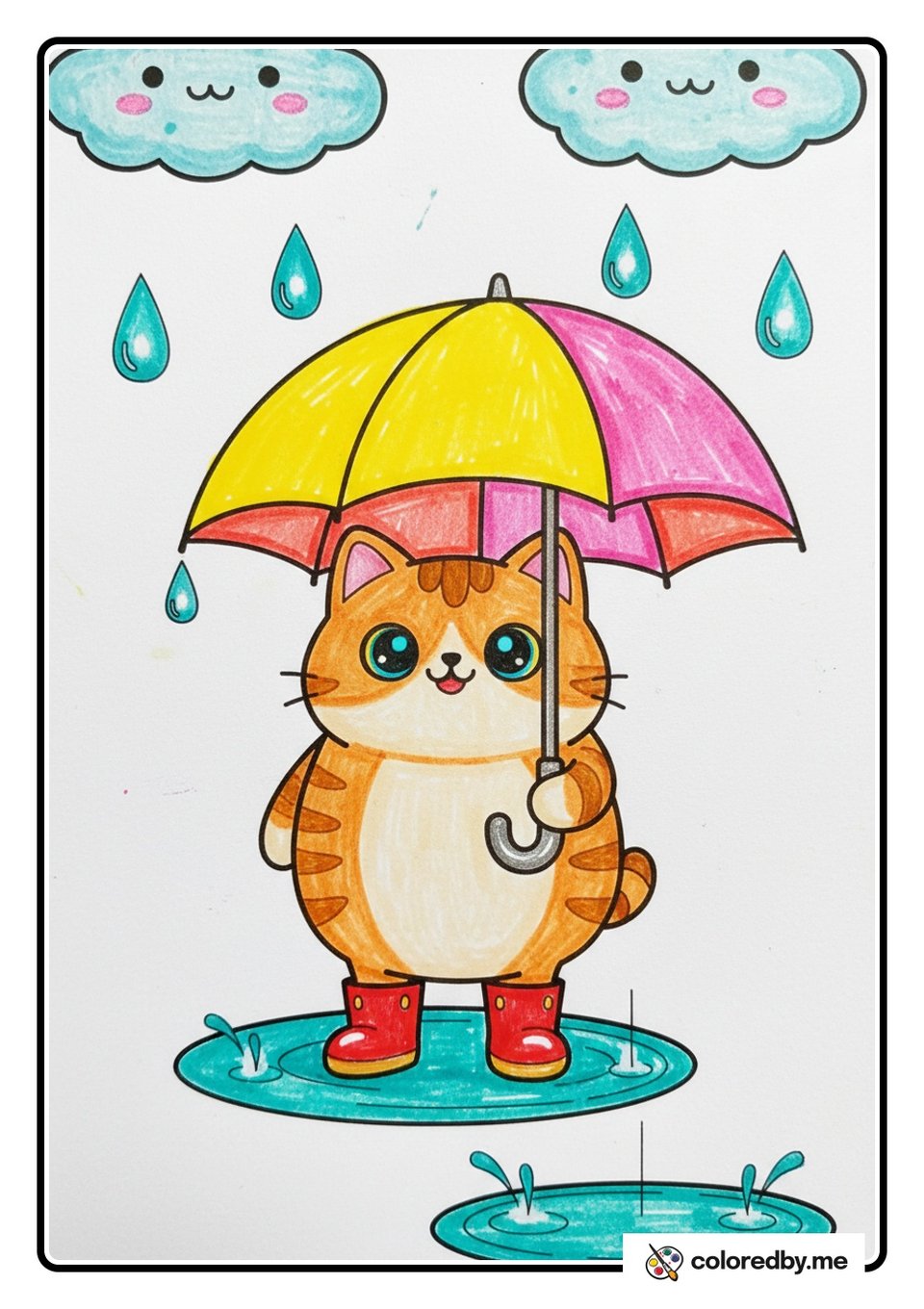 Cat with Umbrella on a Rainy Day — Gel Pens coloring page