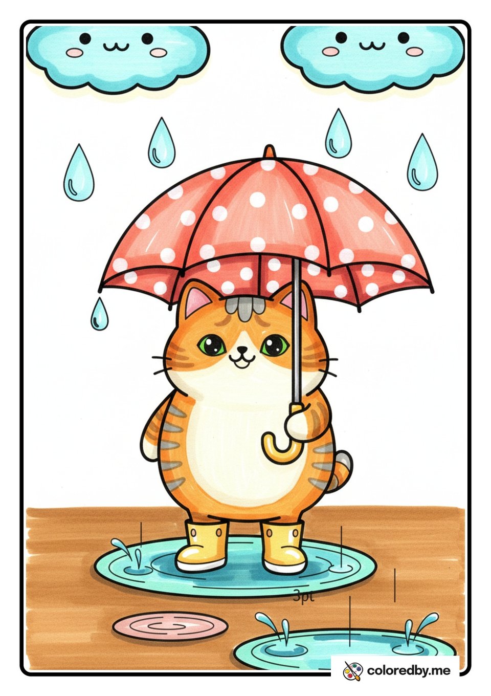 Cat with Umbrella on a Rainy Day — Markers coloring page