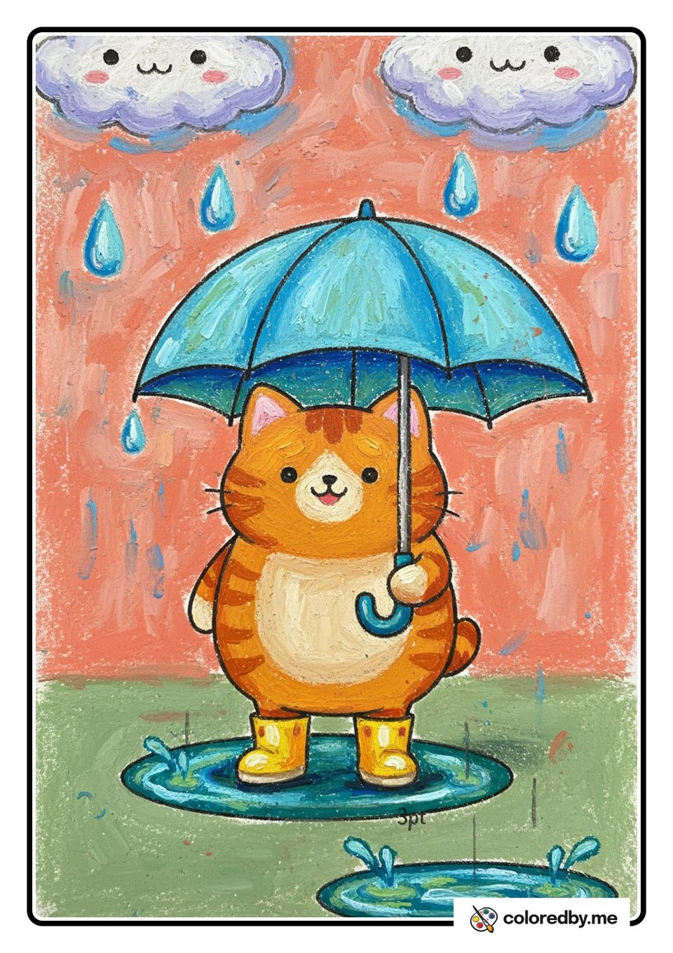 Cat with Umbrella on a Rainy Day — Oil Pastels coloring page