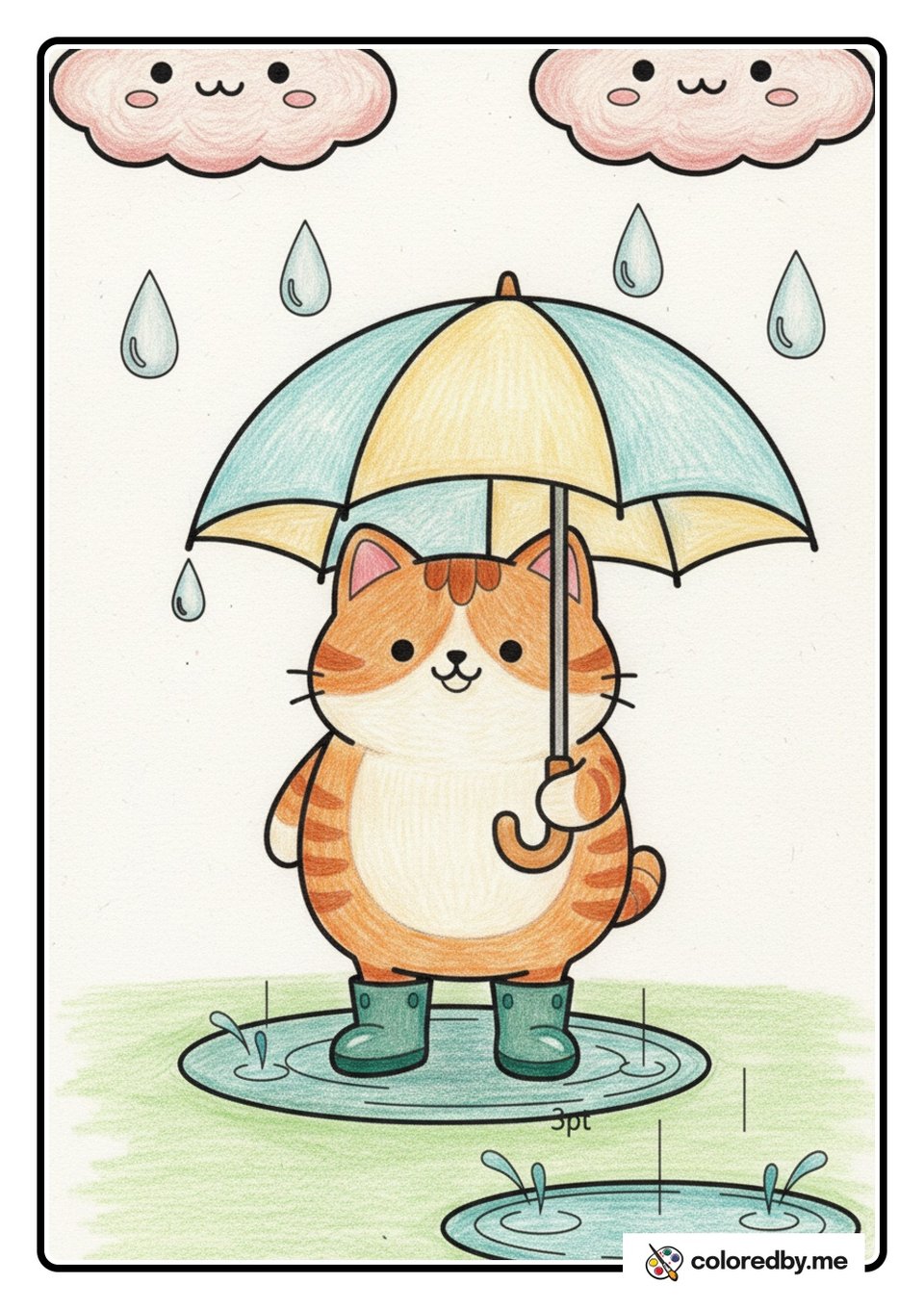 Cat with Umbrella on a Rainy Day — Colored Pencils coloring page
