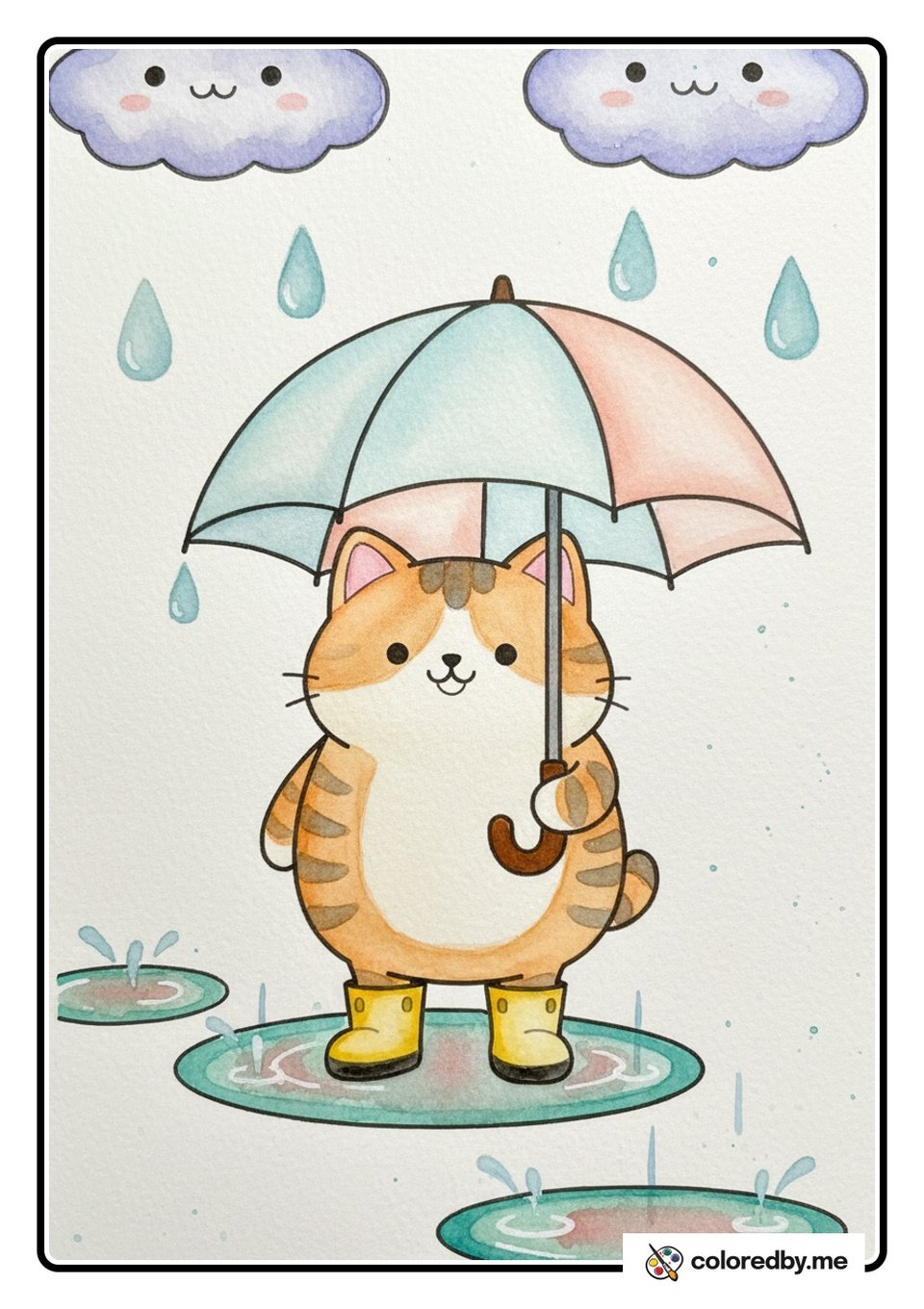 Cat with Umbrella on a Rainy Day — Watercolors coloring page