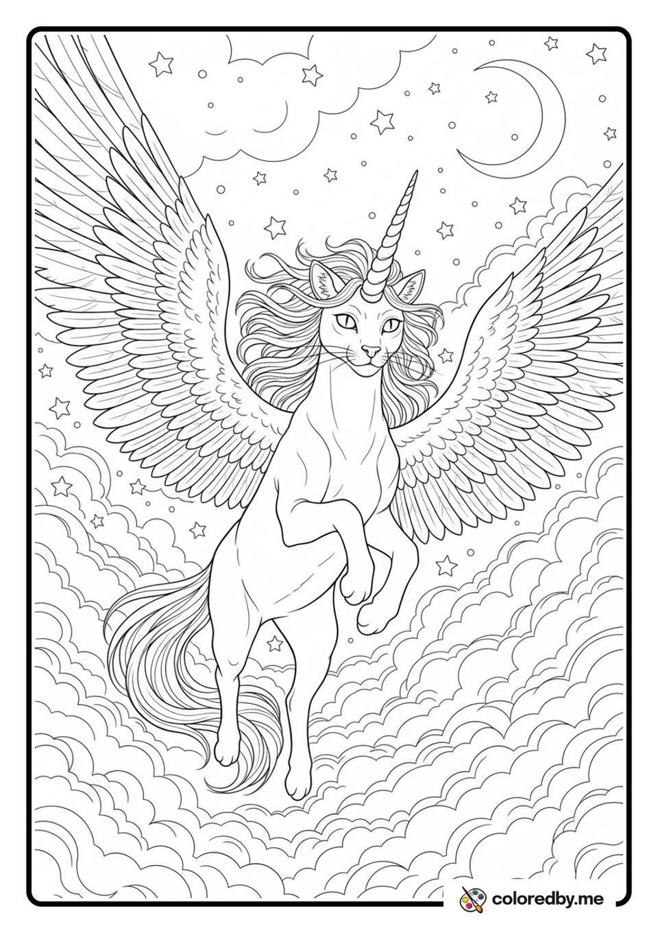 Caticorn Soaring Through Clouds coloring page