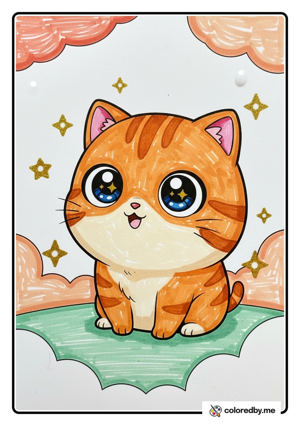 Chibi Anime Cat with Big Sparkly Eyes — Gel Pens coloring page