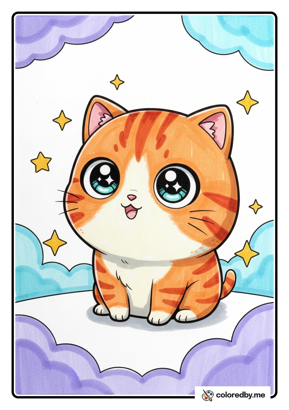 Chibi Anime Cat with Big Sparkly Eyes — Markers coloring page