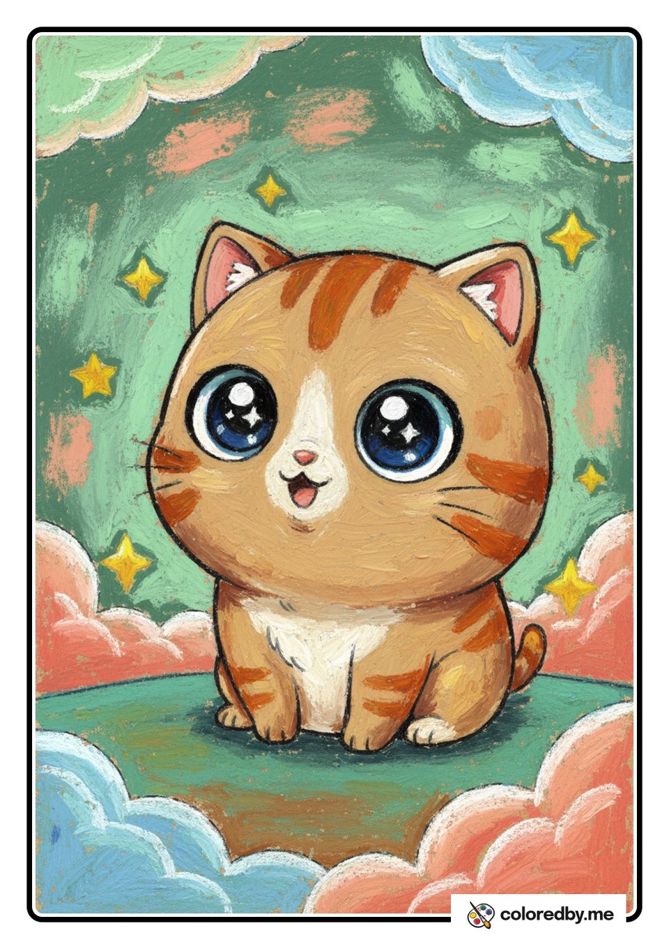 Chibi Anime Cat with Big Sparkly Eyes — Oil Pastels coloring page