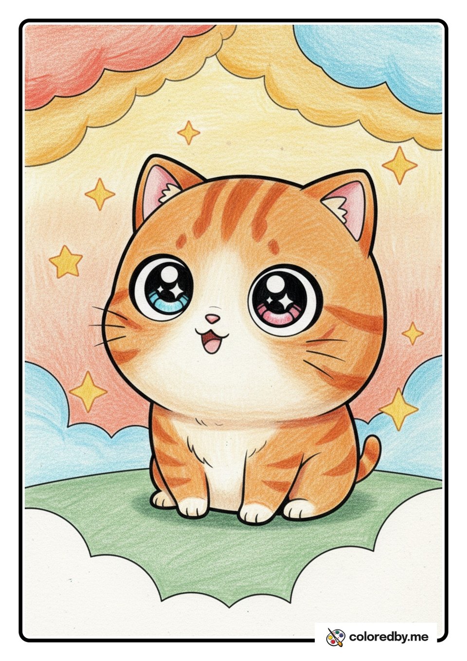 Chibi Anime Cat with Big Sparkly Eyes — Colored Pencils coloring page