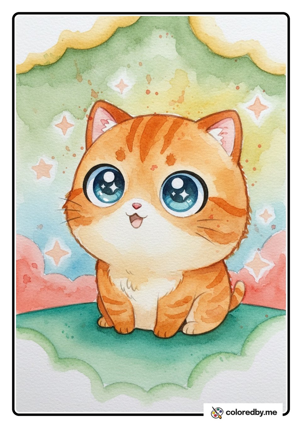 Chibi Anime Cat with Big Sparkly Eyes — Watercolors coloring page