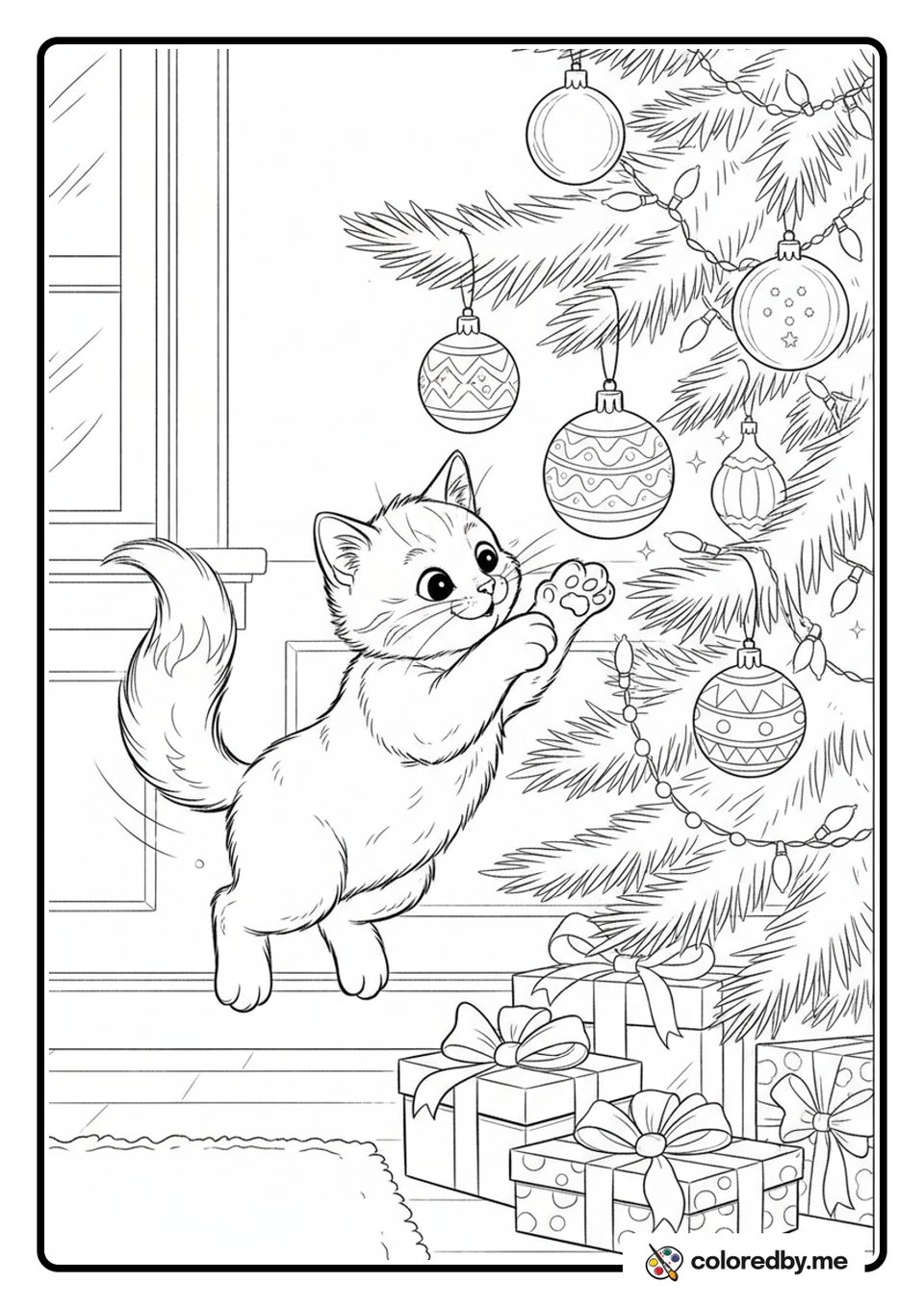 Christmas Kitten Mischief coloring page