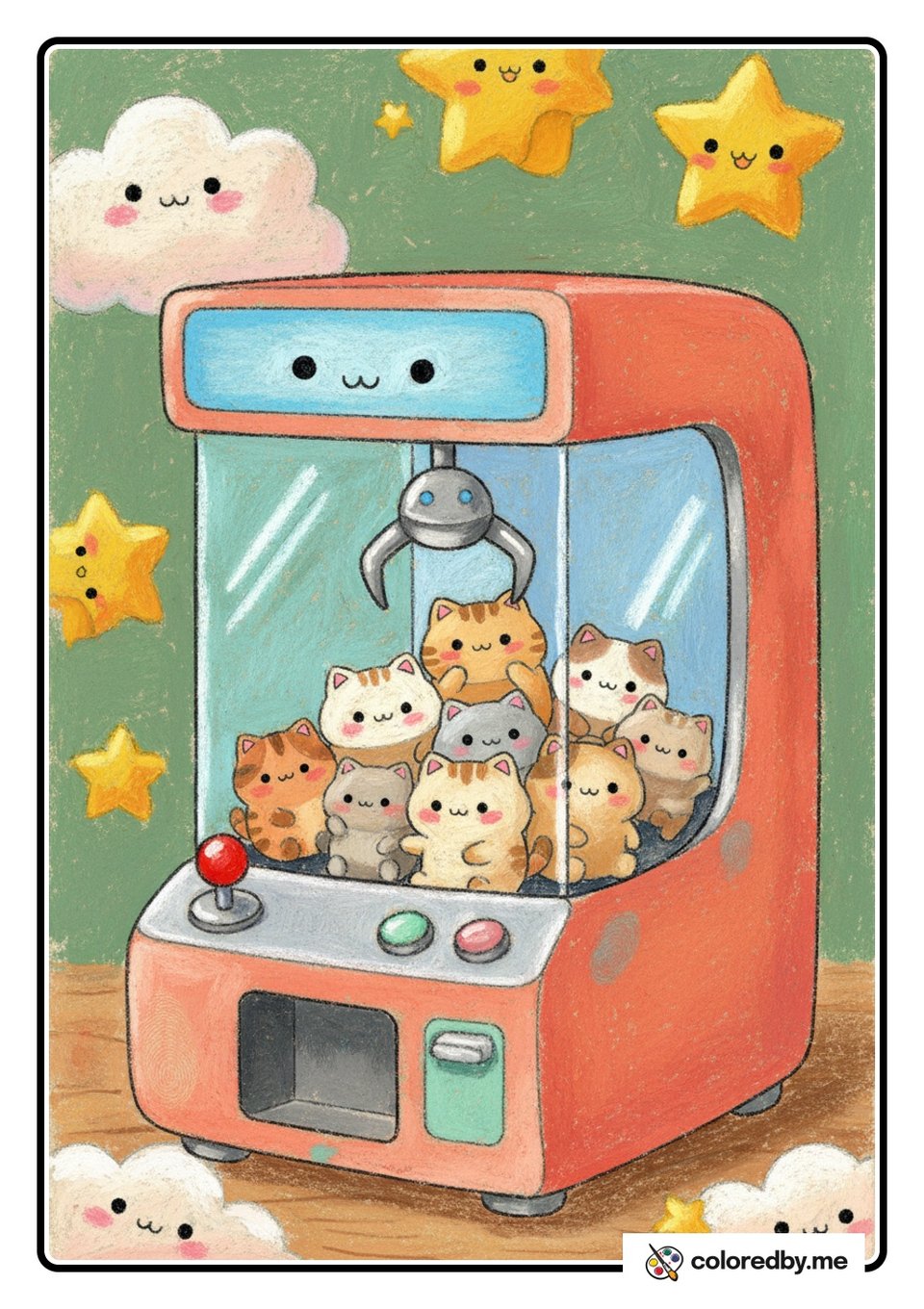 Claw Machine Full of Cat Plushies — Oil Pastels coloring page