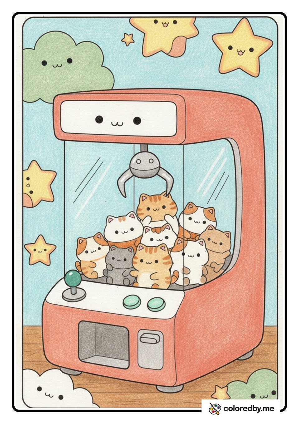 Claw Machine Full of Cat Plushies — Colored Pencils coloring page