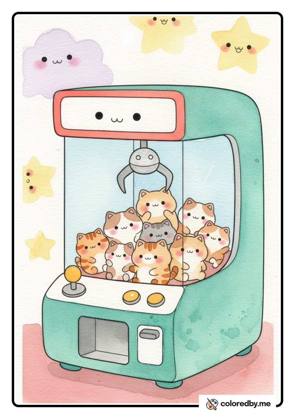 Claw Machine Full of Cat Plushies — Watercolors coloring page