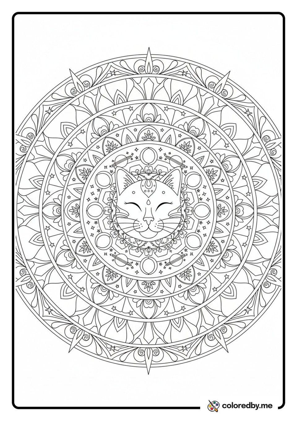 Cosmic Cat Star-Gazer Mandala coloring page