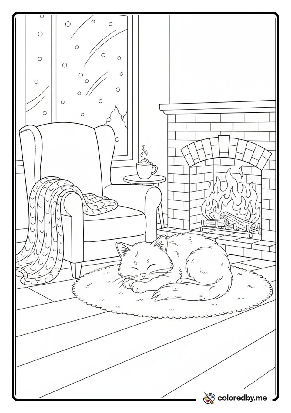 Cozy Christmas Kitty by the Fireplace coloring page