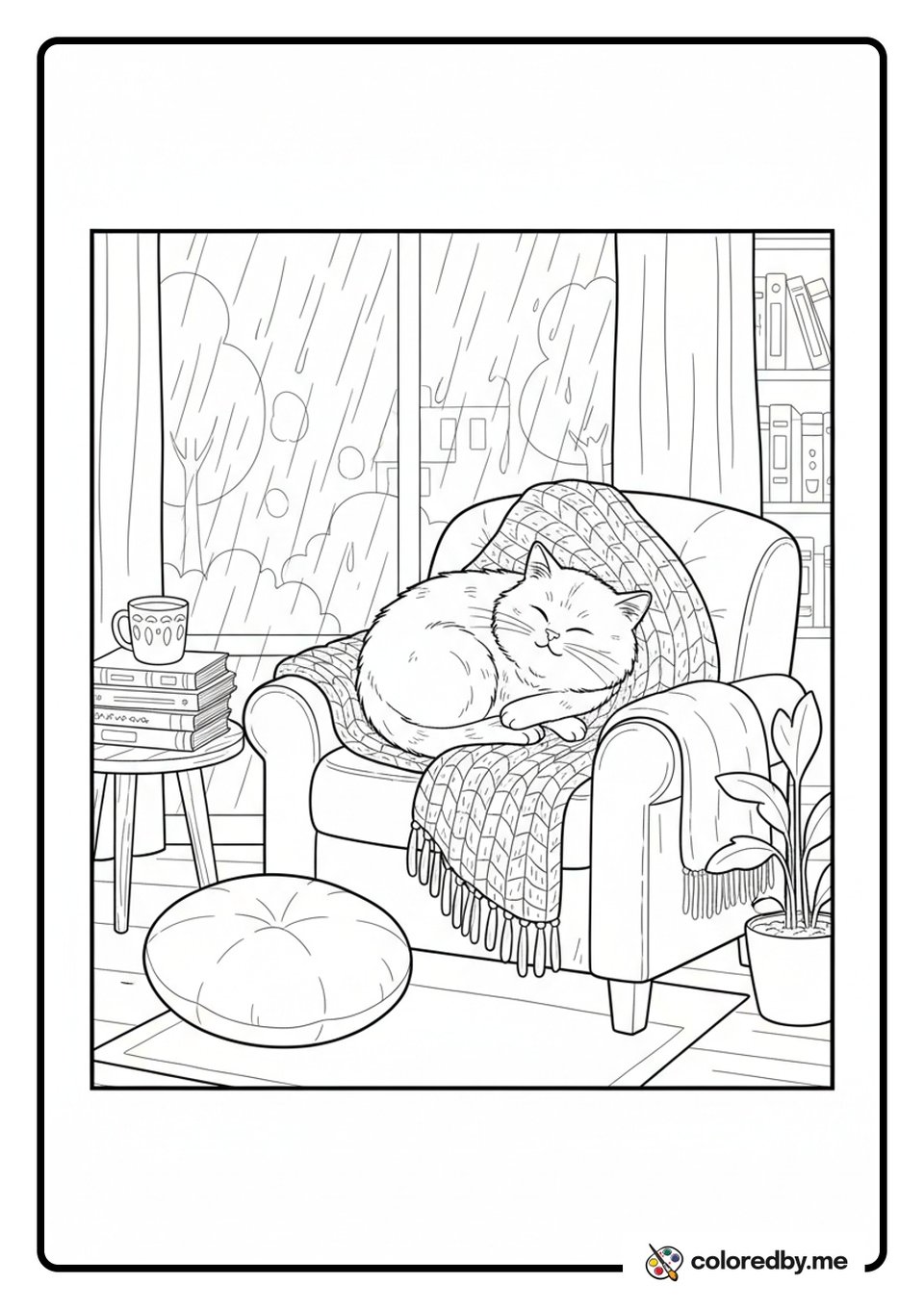 Rainy Day Bookstore Cat Nap coloring page
