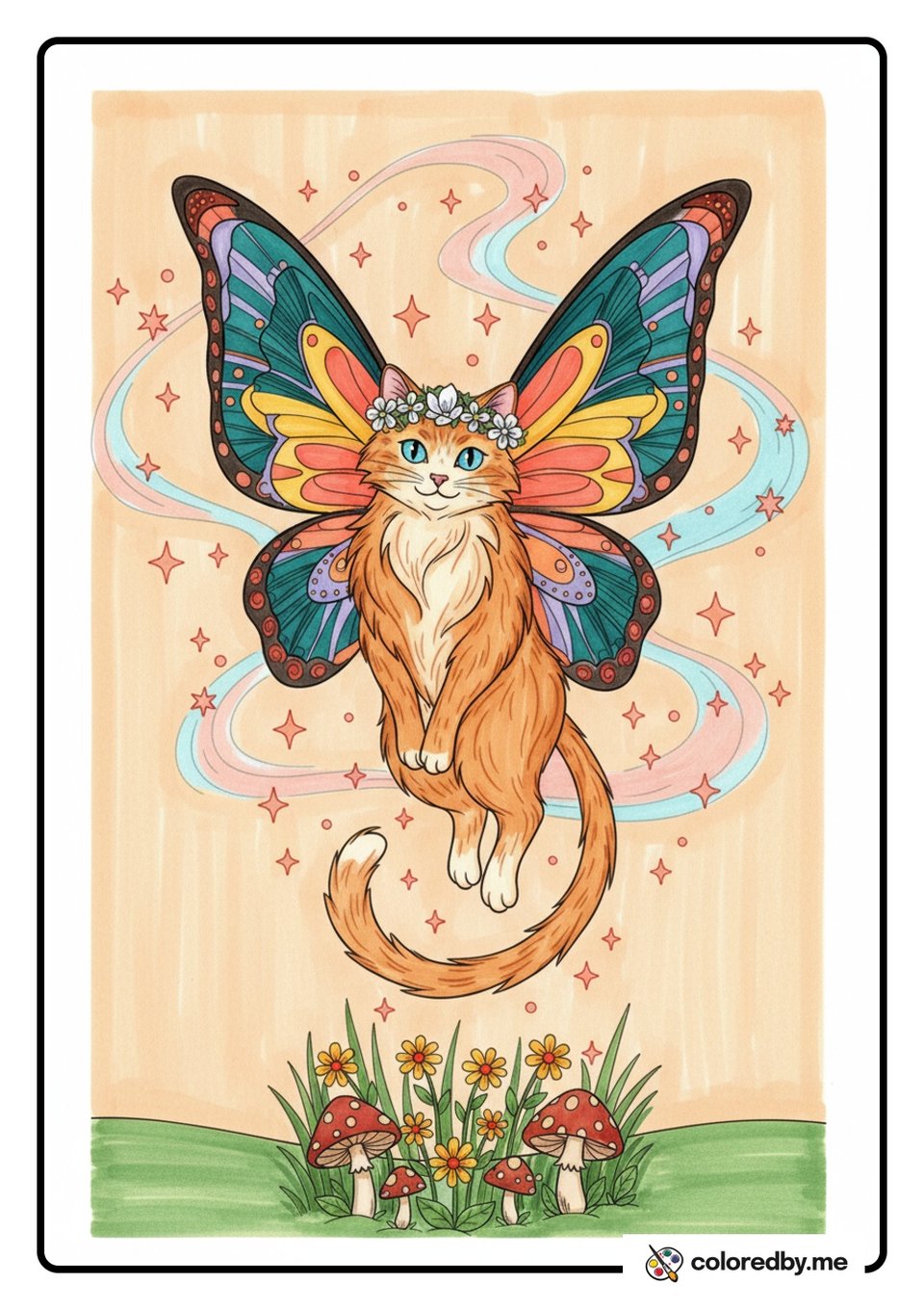 Magical Fairy Cat with Butterfly Wings — Markers coloring page