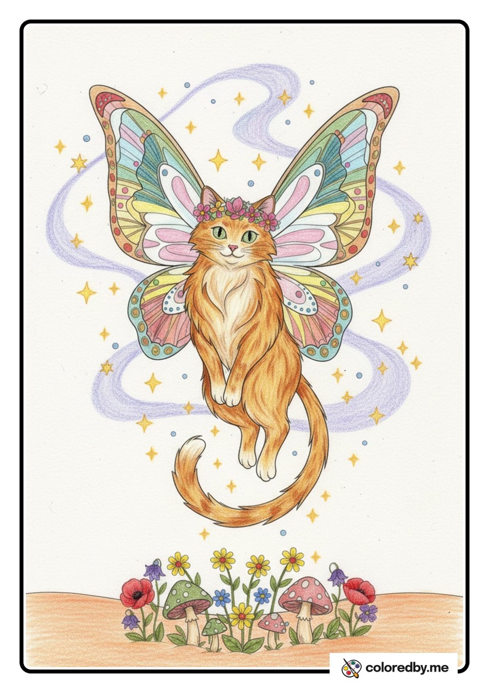 Magical Fairy Cat with Butterfly Wings — Colored Pencils coloring page