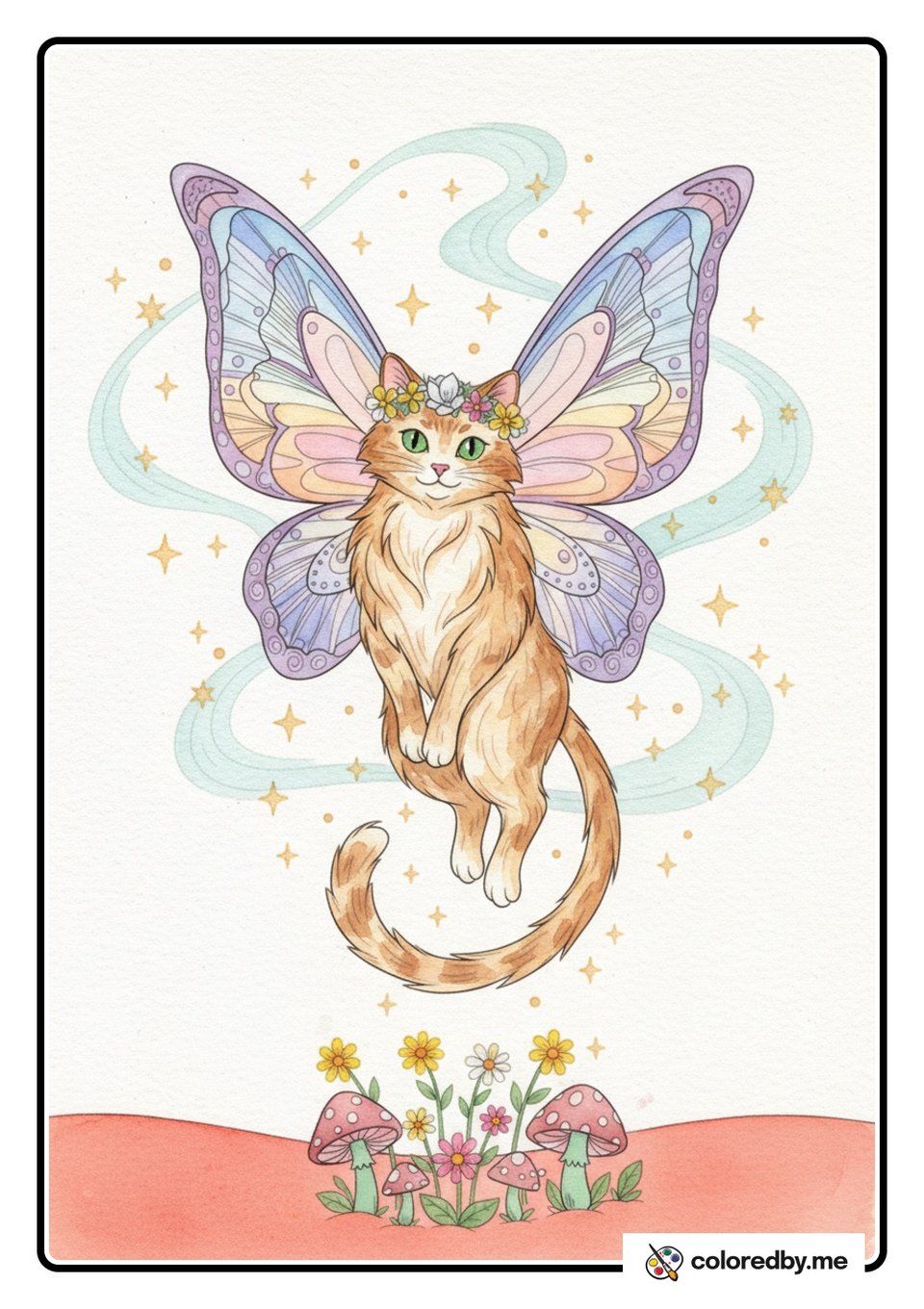 Magical Fairy Cat with Butterfly Wings — Watercolors coloring page
