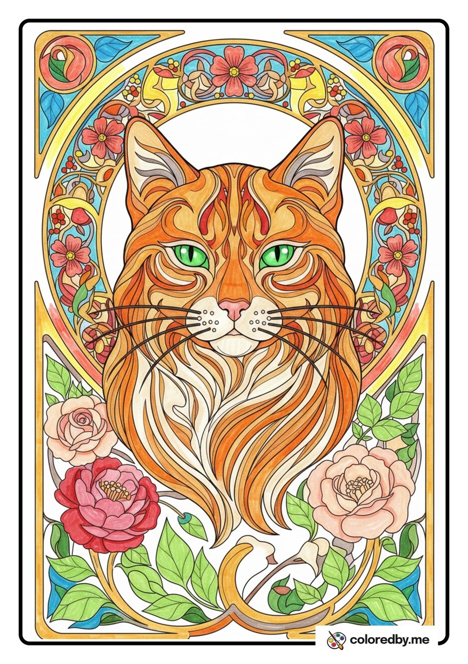 Cat Portrait in a Floral Wreath — Gel Pens coloring page