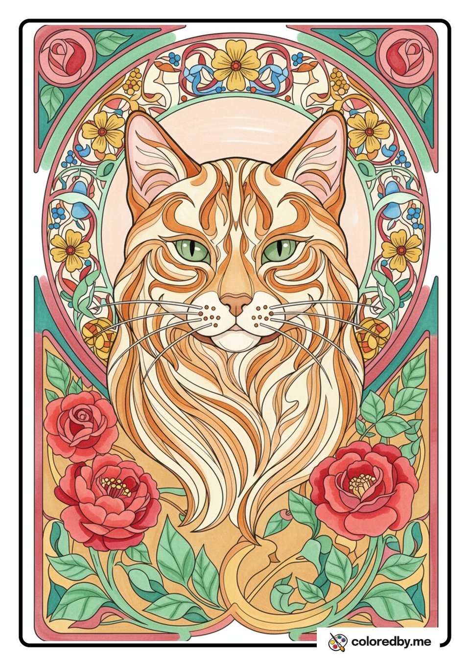 Cat Portrait in a Floral Wreath — Markers coloring page