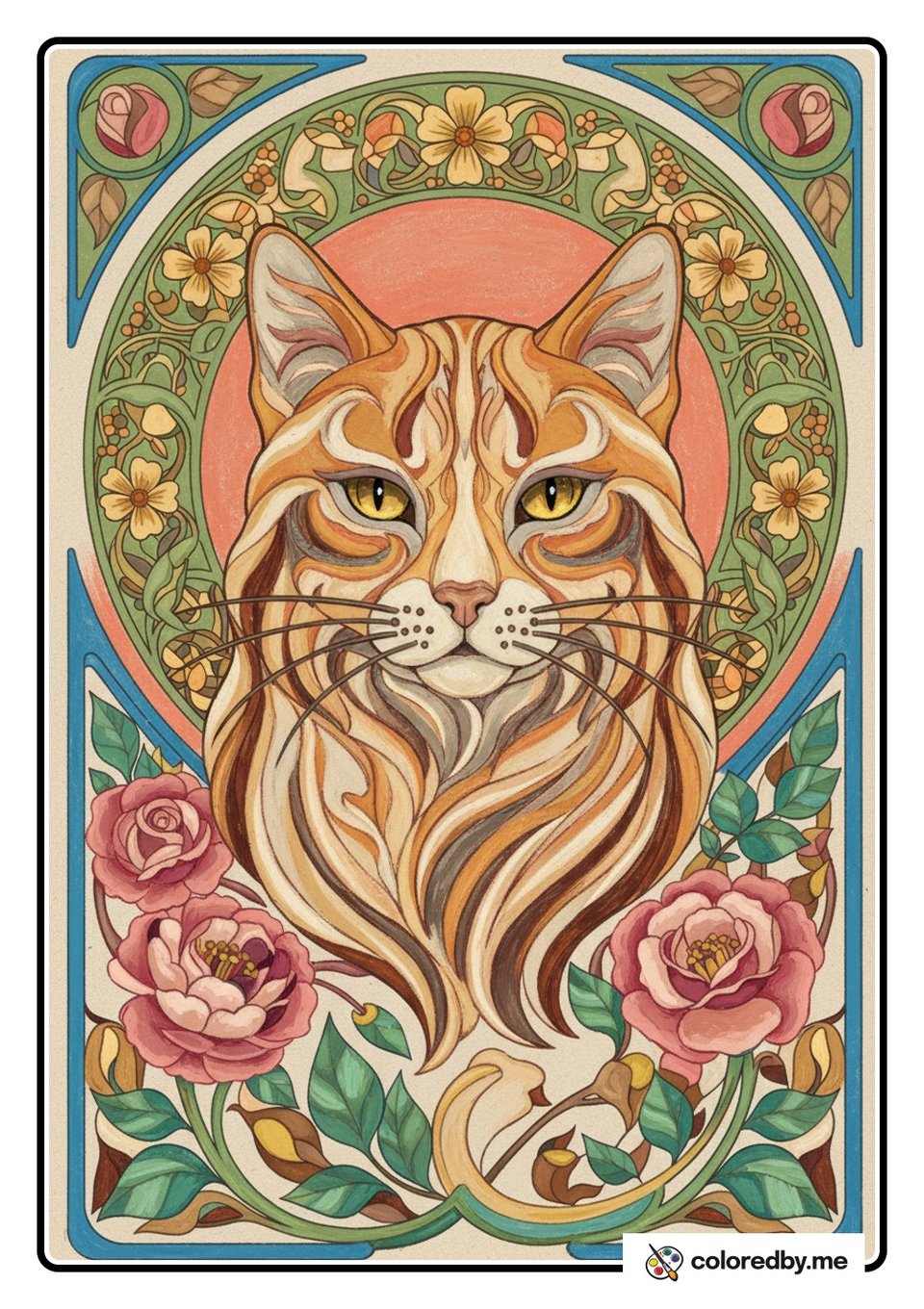Cat Portrait in a Floral Wreath — Oil Pastels coloring page