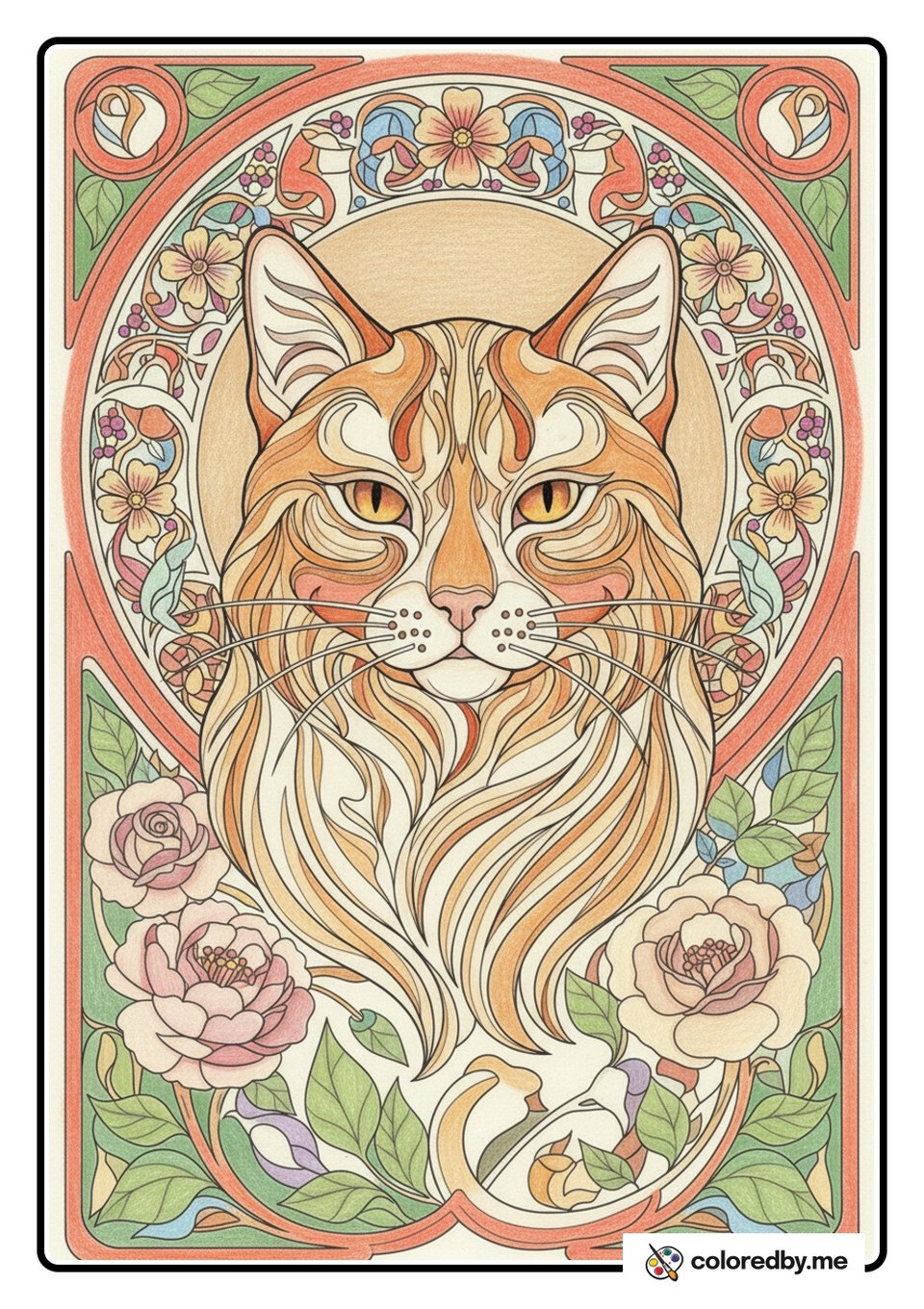 Cat Portrait in a Floral Wreath — Colored Pencils coloring page