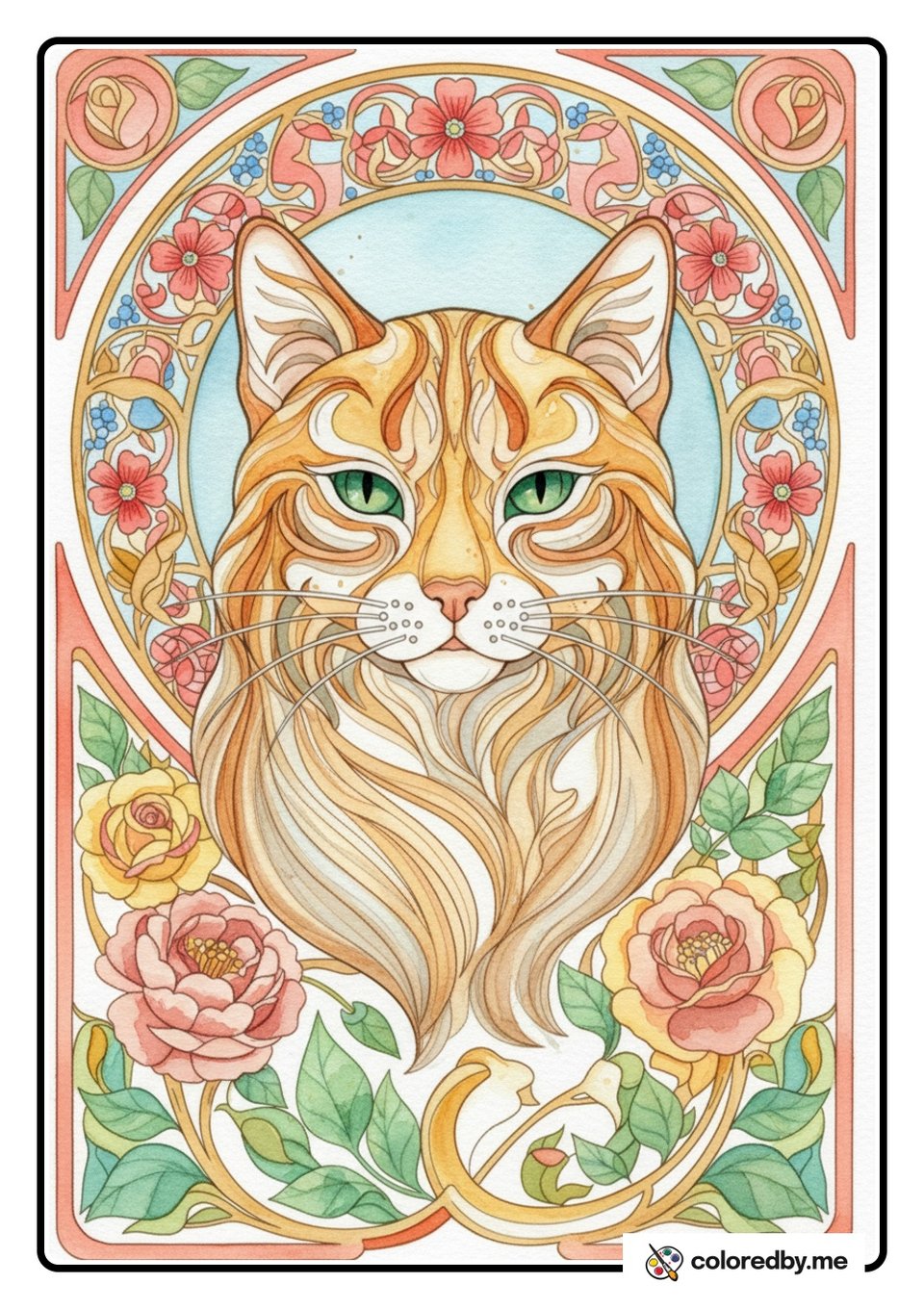 Cat Portrait in a Floral Wreath — Watercolors coloring page
