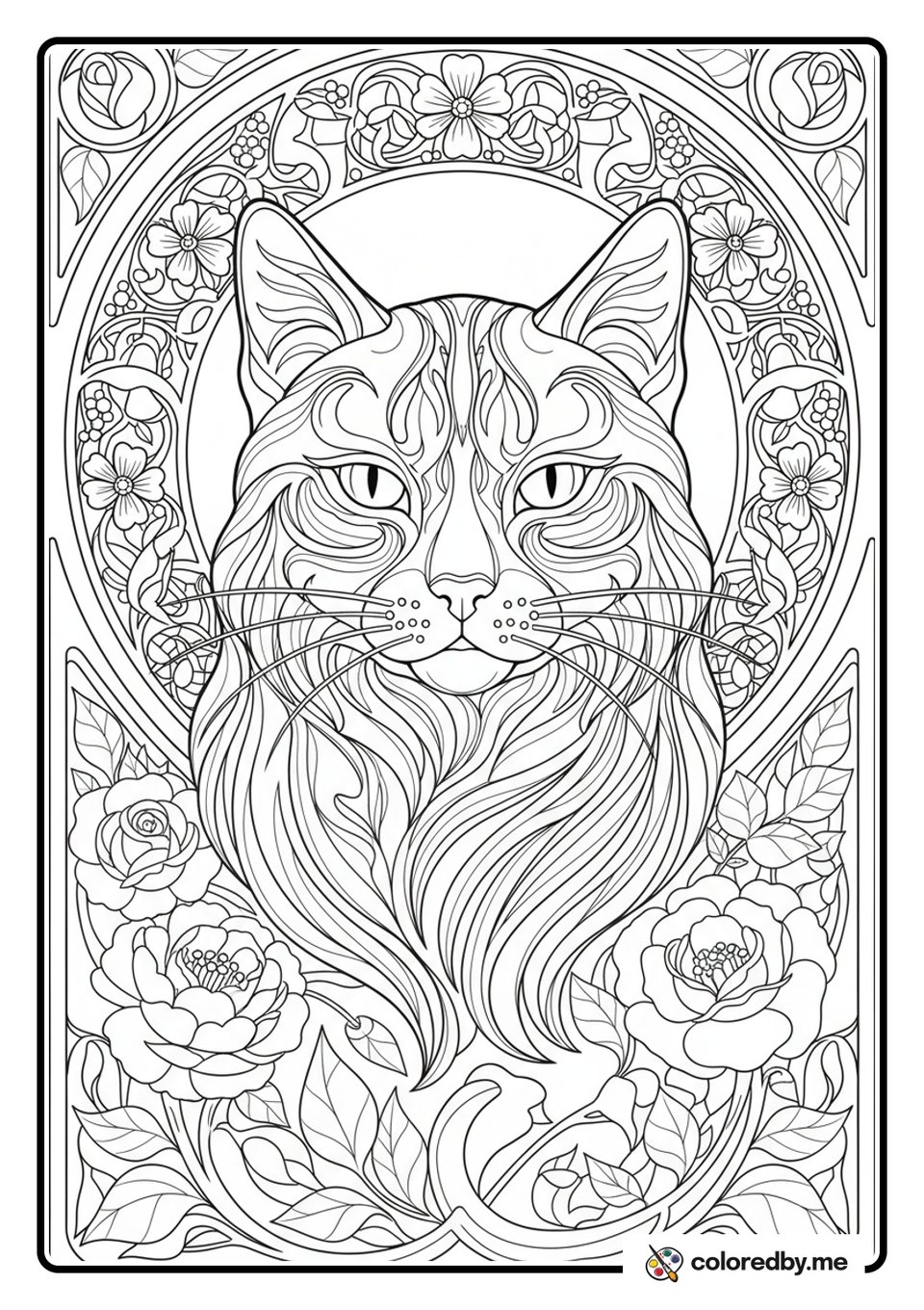 Cat Portrait in a Floral Wreath coloring page
