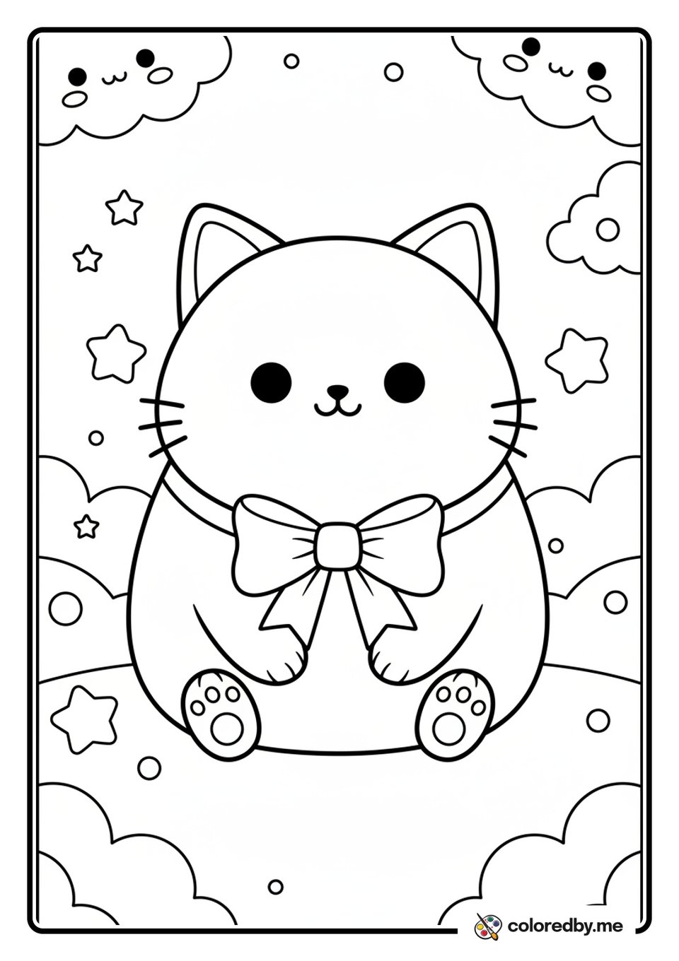 Kawaii Cat with an Oversized Bow coloring page